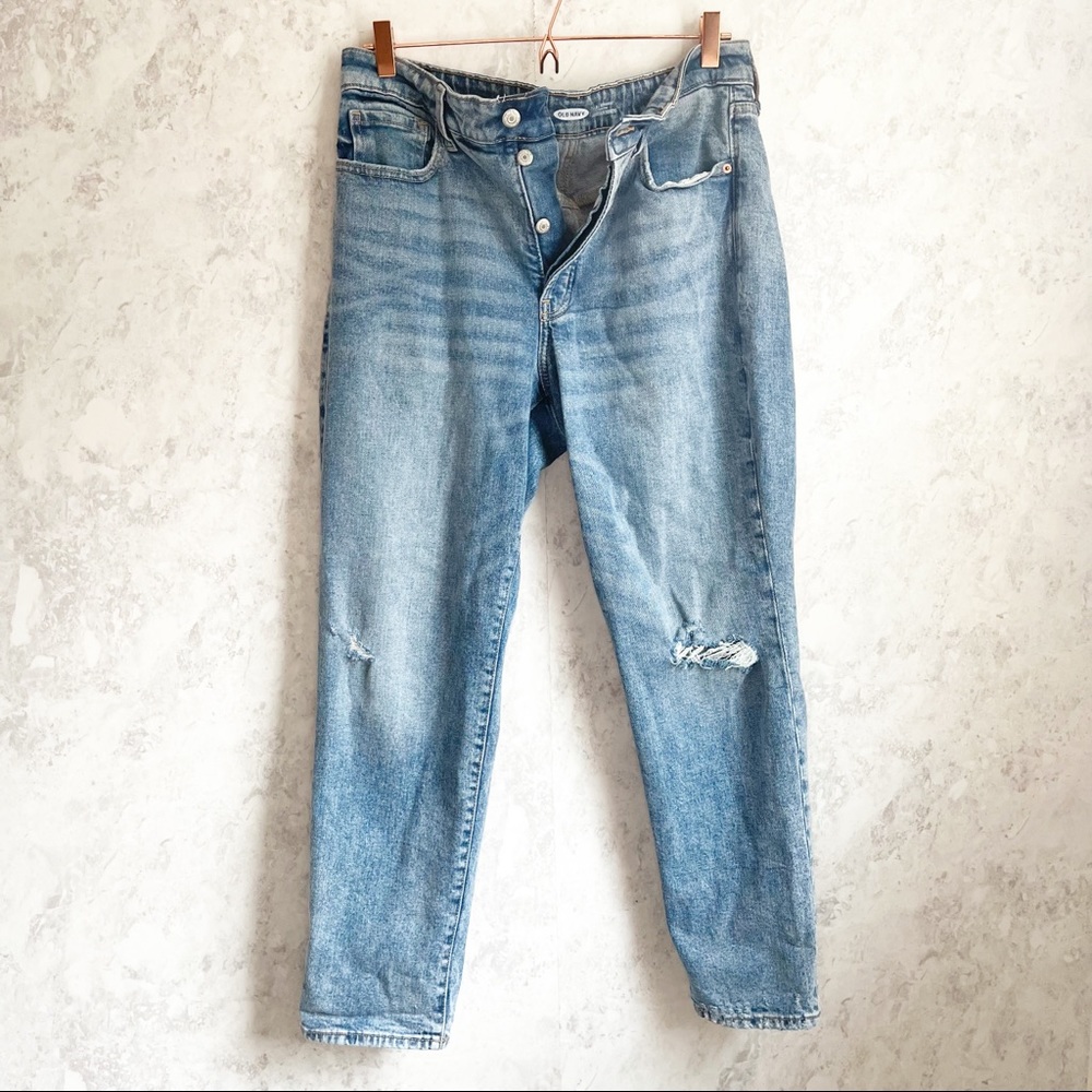 Old Navy High Waist OG Straight Button Fly Distressed Jeans 12 Light Wash Blue